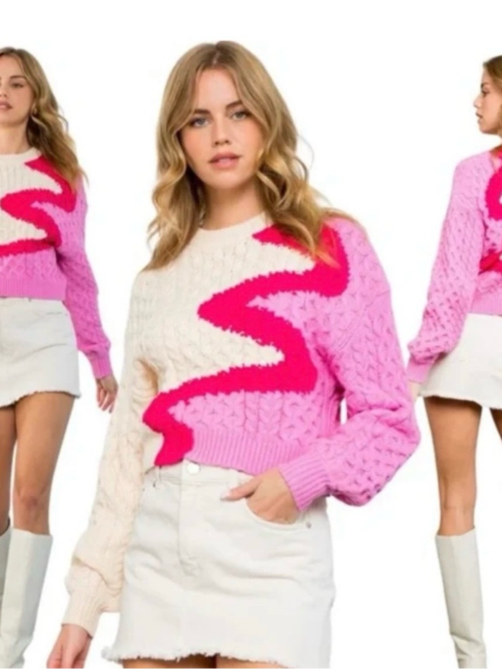 THML Vivienne Knit Pink Swirl Cable Knit Crewneck Sweater - Medium
